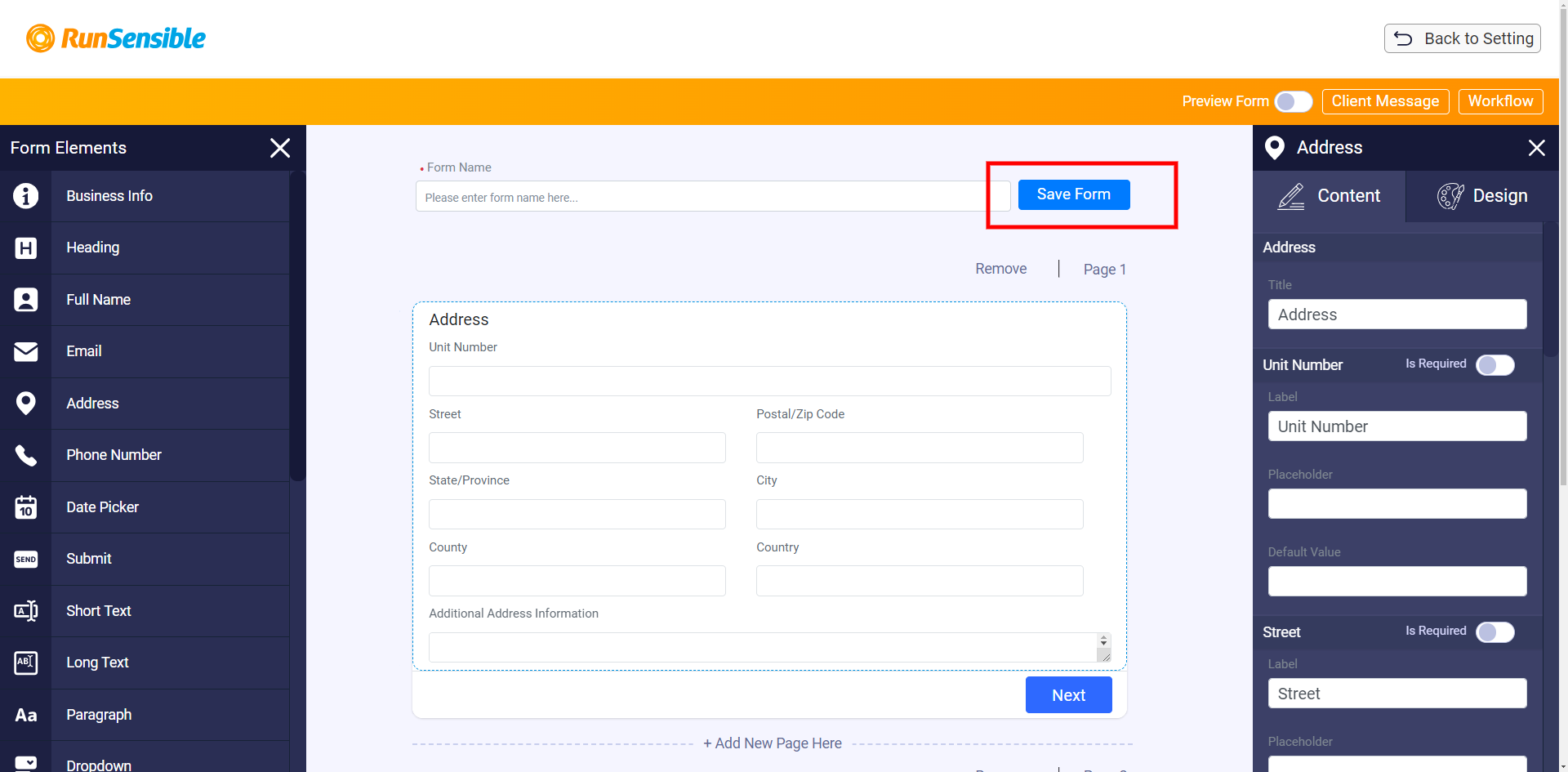 save form button intake form