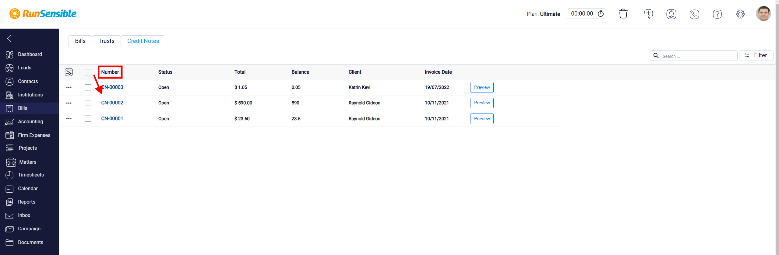 Credit Notes Timeline Tab