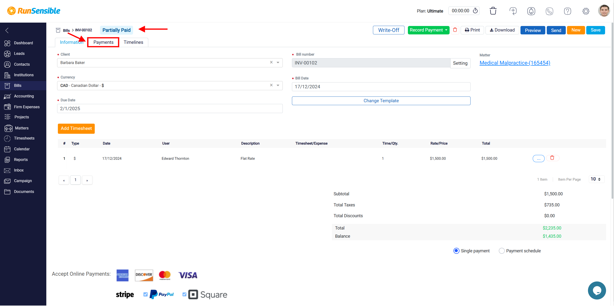 Using the Payment Tab for Bill Details
