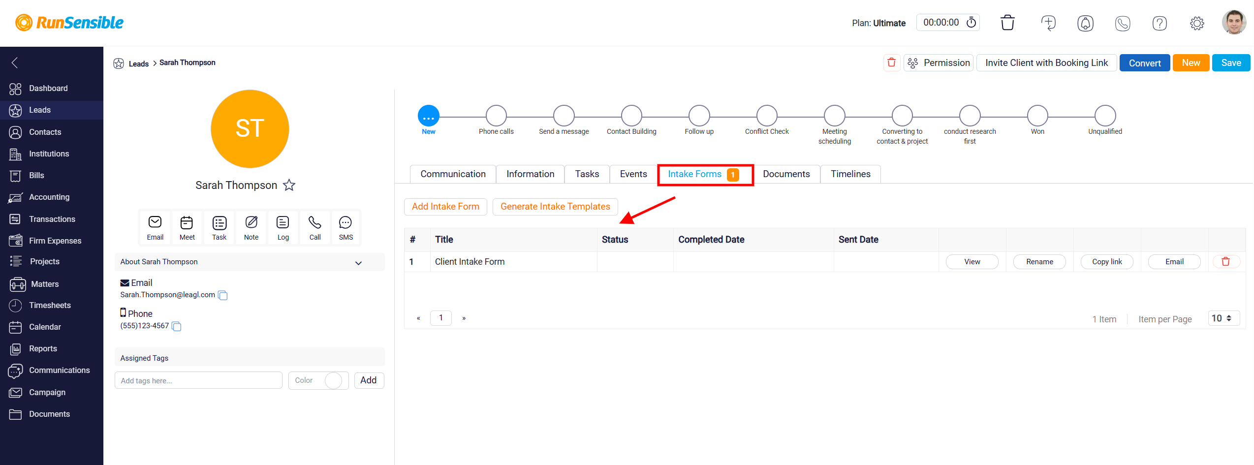 Integrated Web Intake Form for Lead Collection