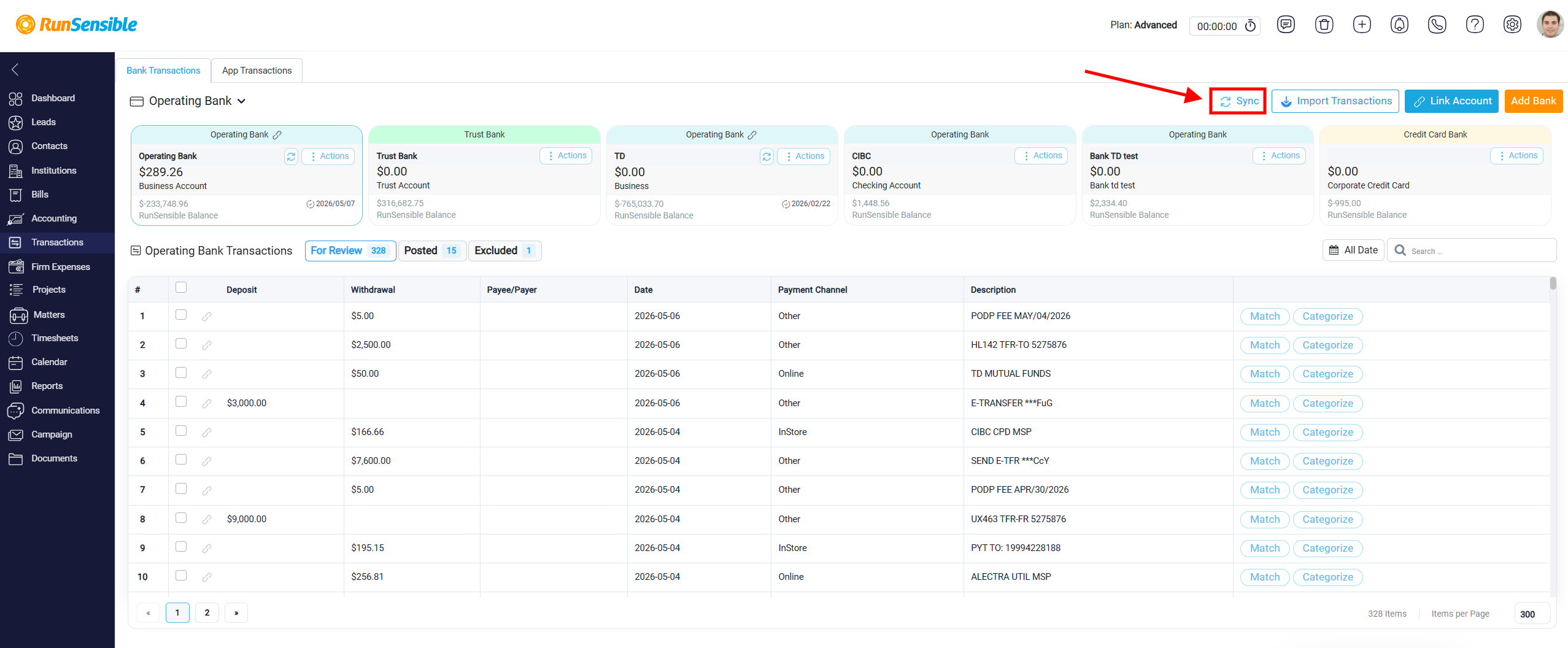 Bank Account Cards in the Transactions Section