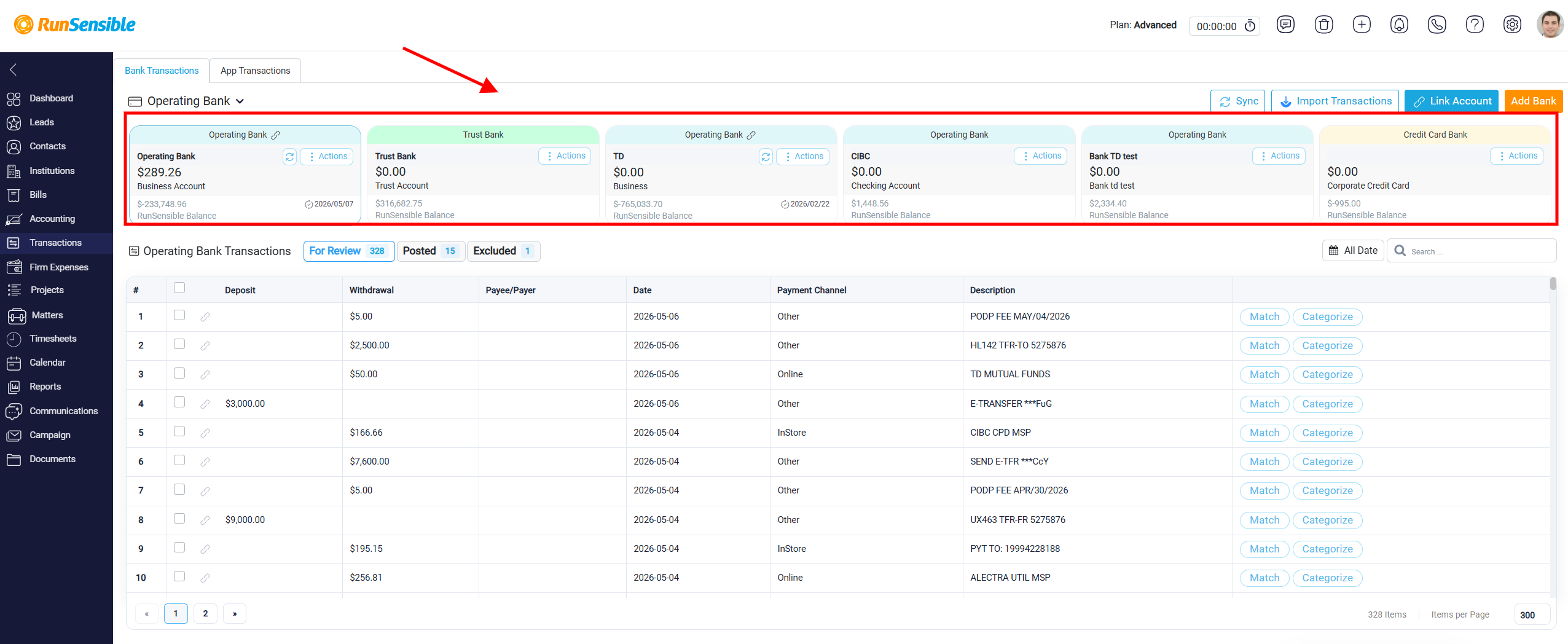 Bank Account Cards in the Transactions Section