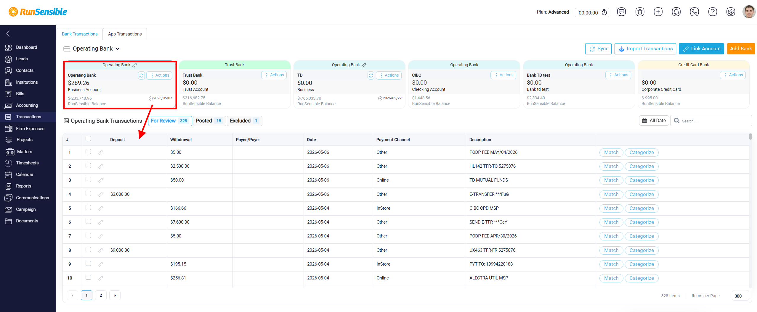 Bank Account Cards in the Transactions Section