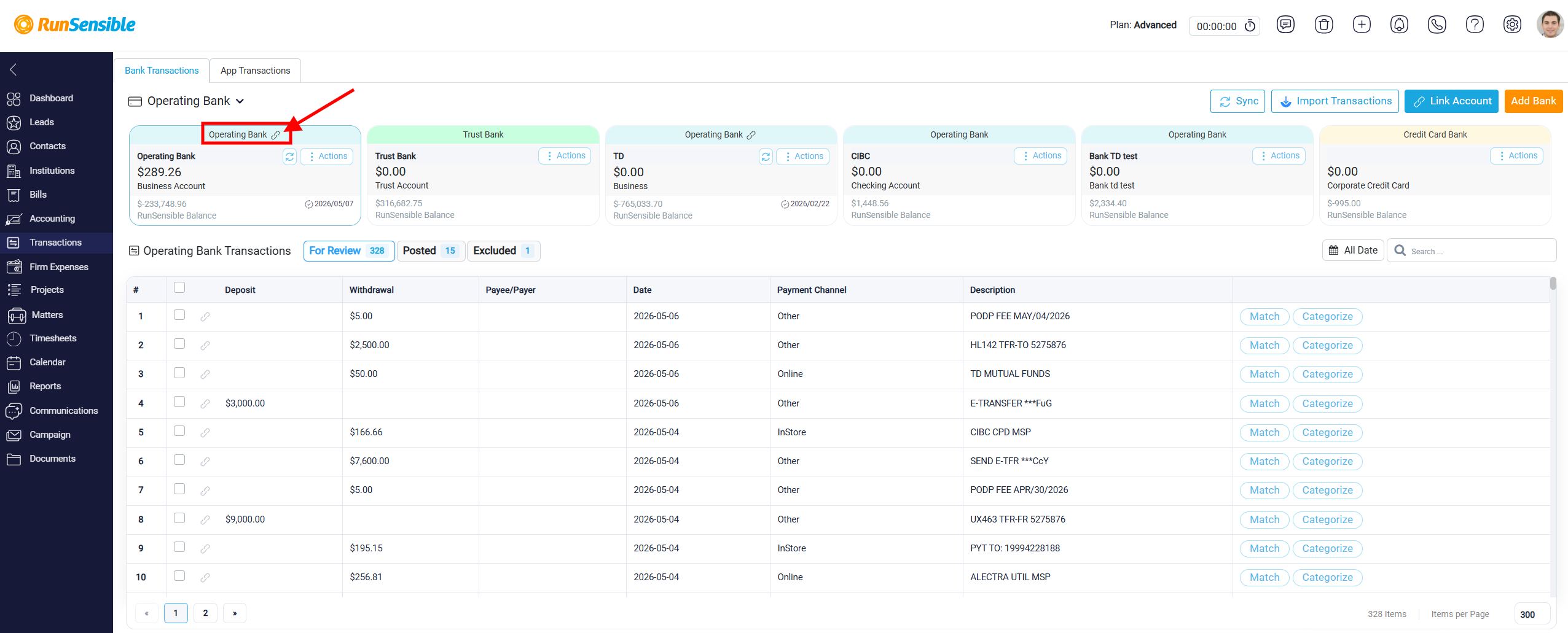 Bank Account Cards in the Transactions Section