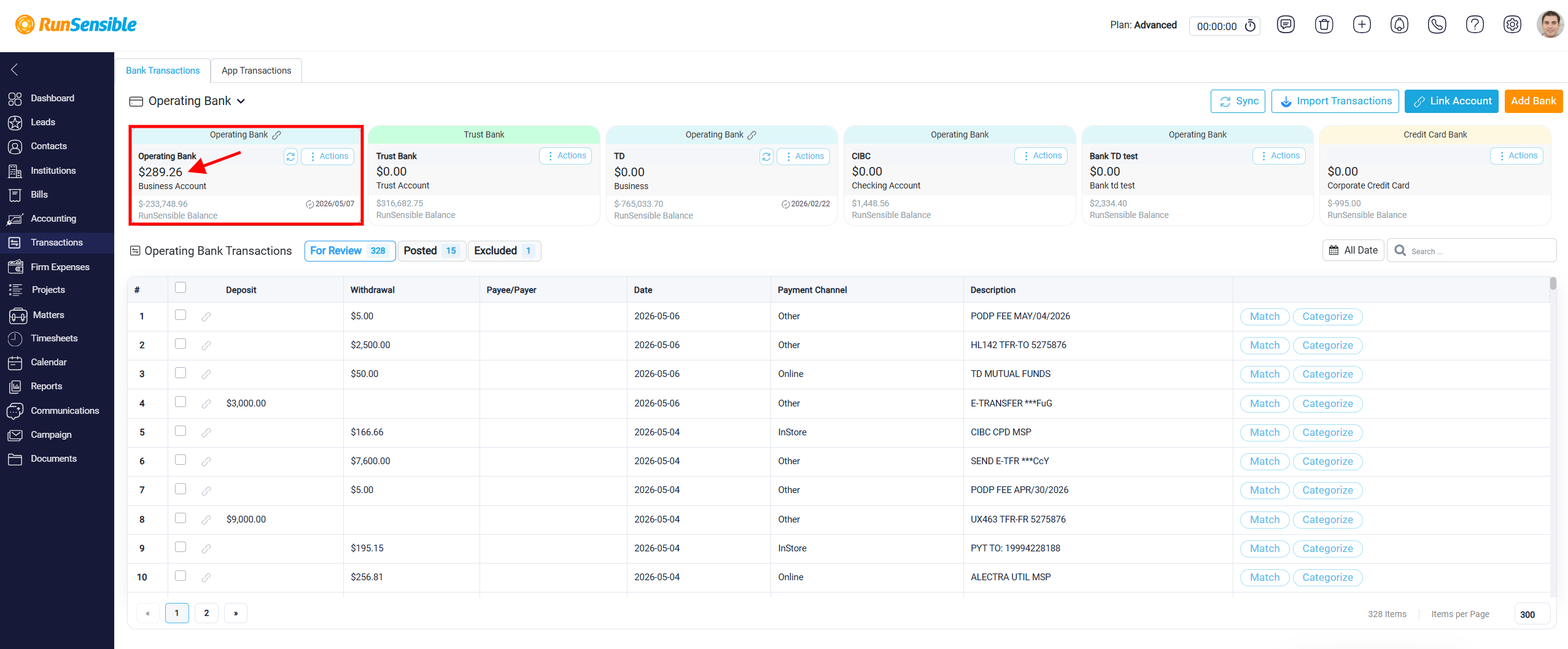 Bank Account Cards in the Transactions Section