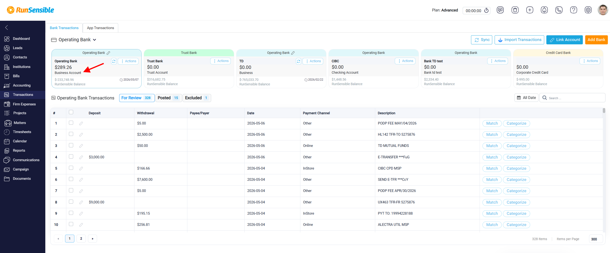 Bank Account Cards in the Transactions Section