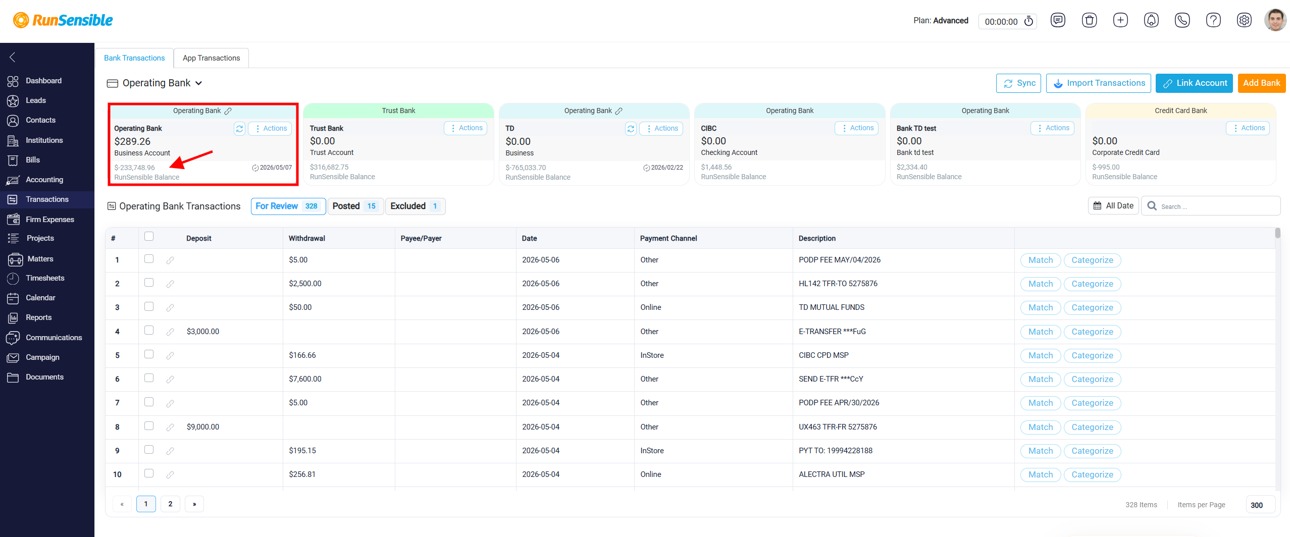 Bank Account Cards in the Transactions Section