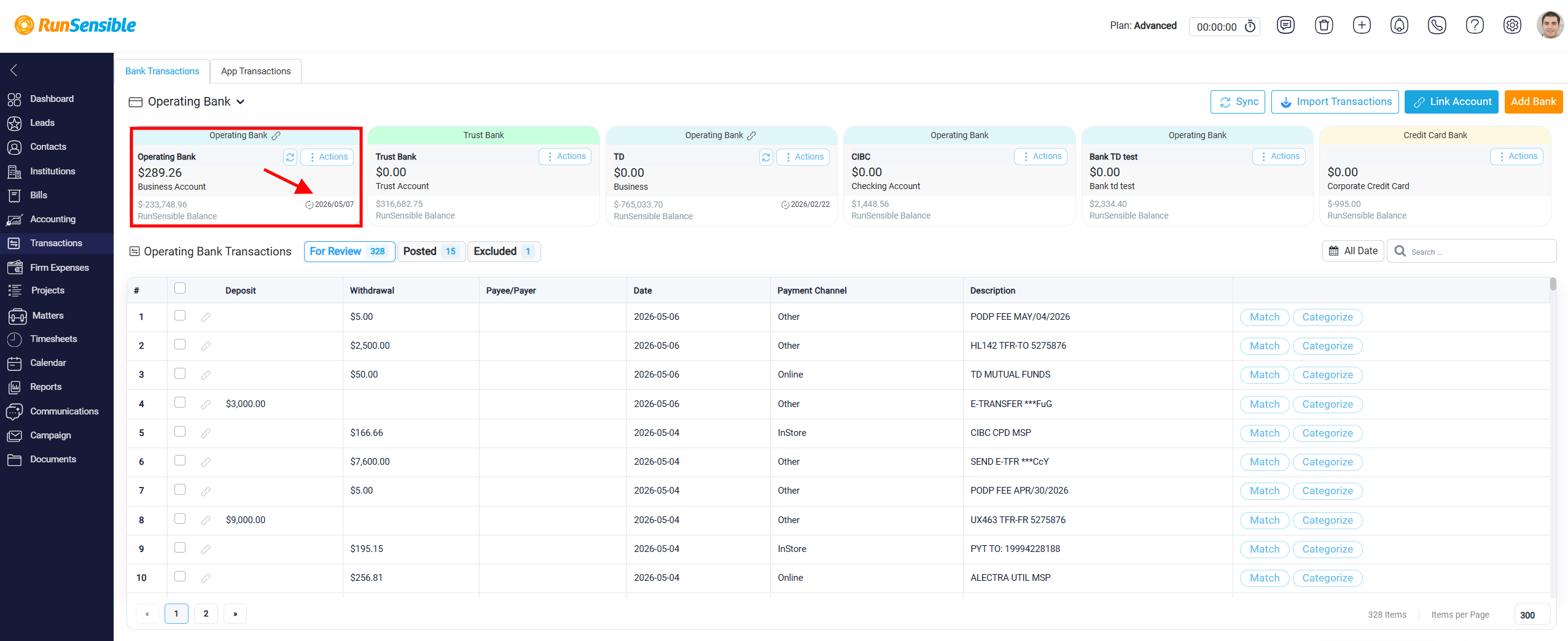 Bank Account Cards in the Transactions Section