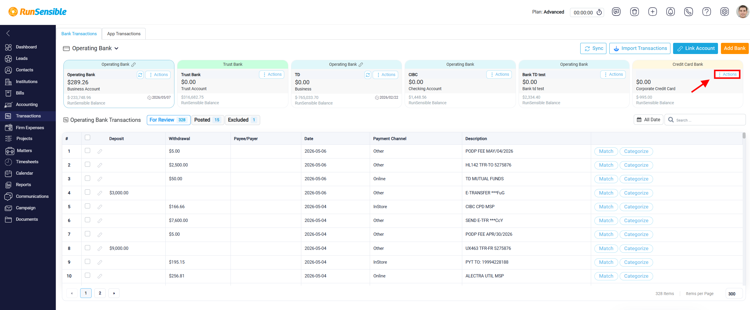 Managing Bank Accounts Through the Actions Menu