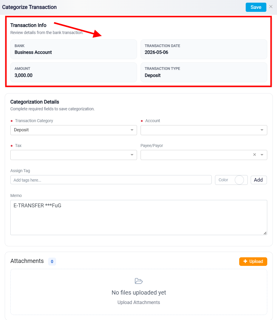 Categorize Transaction Panel