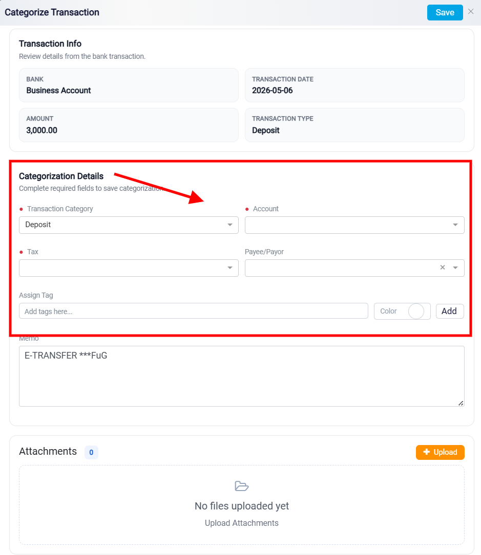 Categorize Transaction Panel