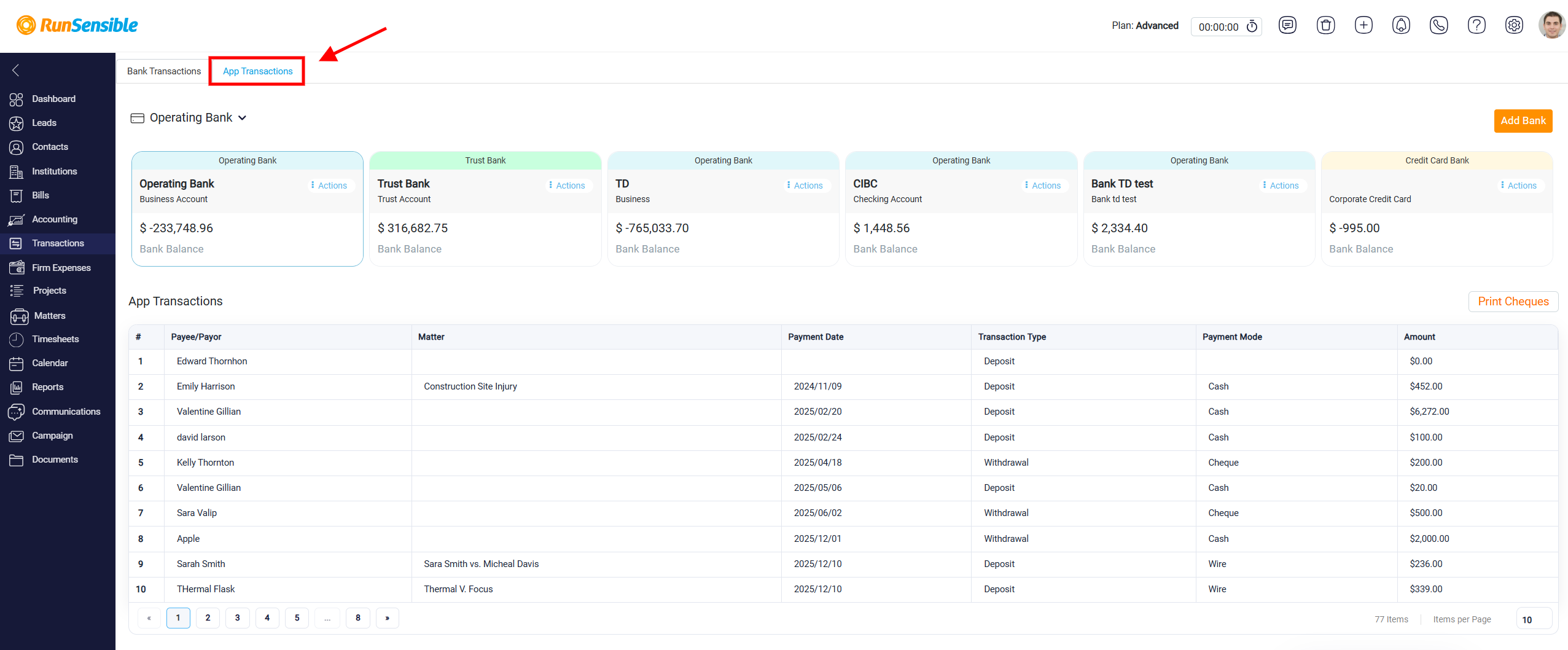 App Transactions Tab